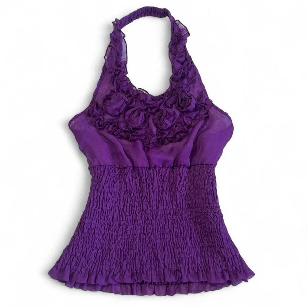 Y2K Purple Sheer Ruffle Halter Neck Smocked Top M/L